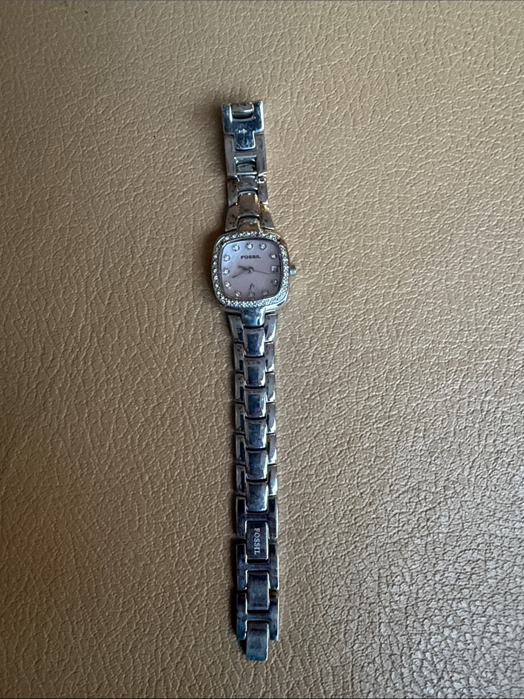 Fossil Silver Bracelet Watch With Pink Dial And Crystal Accents